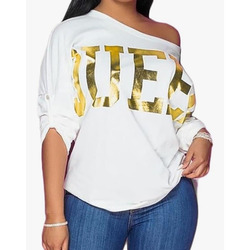 Pesion Womens White Gold Metallic Queen Graphic Off Shoulder Roll Tab Sleeve Top